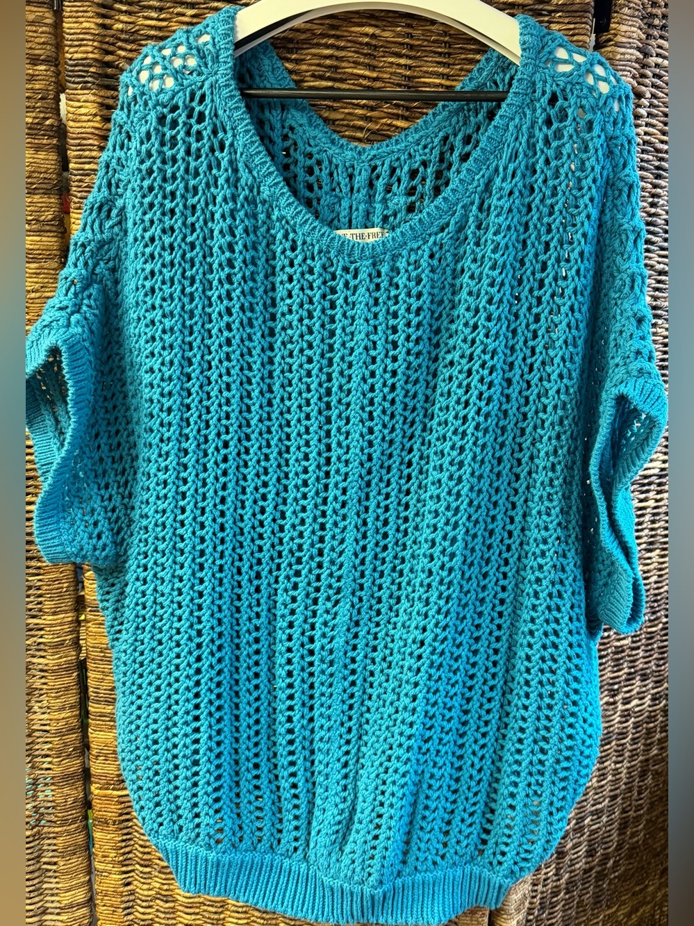 Free People - Sophia - Open-Weave Teal Scoop Neck Sweater, Size: Large